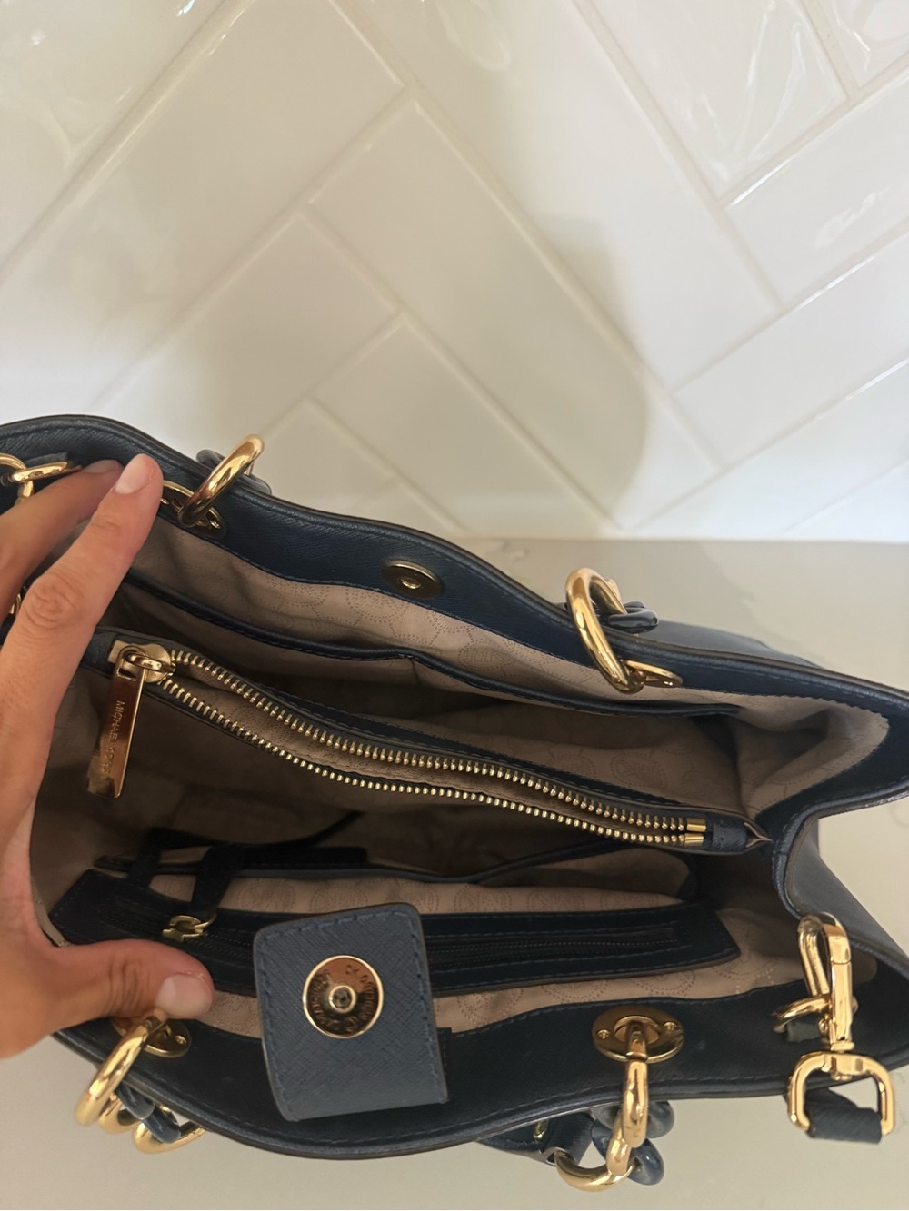 Michael Kors Navy Saffiano Leather Satchel with Gold-Tone Hardware - Picture 5 of 6